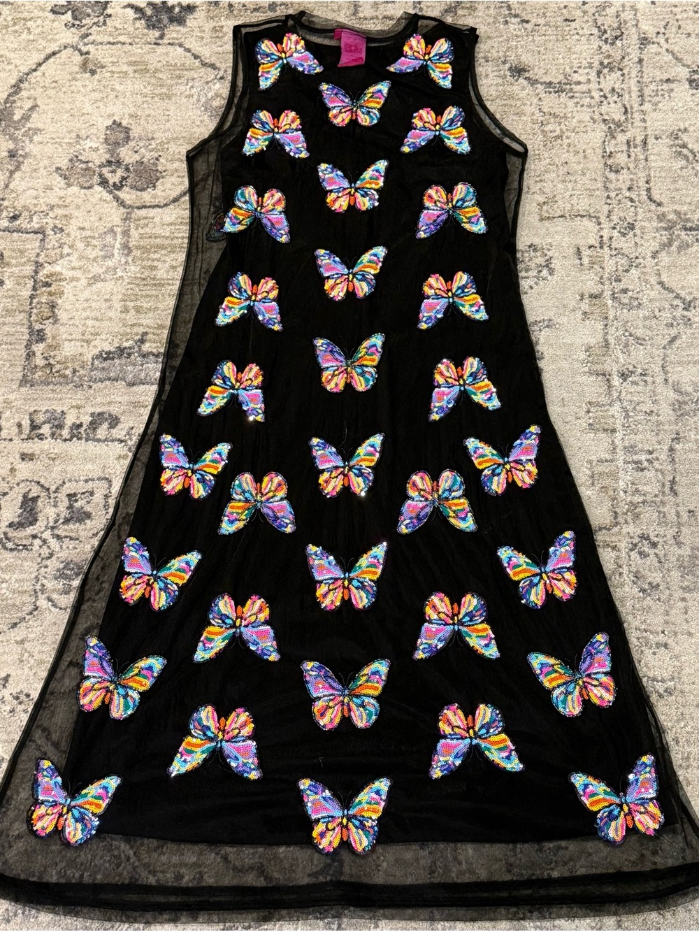 QUEEN OF SPARKLES Black Midi Dress with Multicolor Sequin Butterfly Embroidery